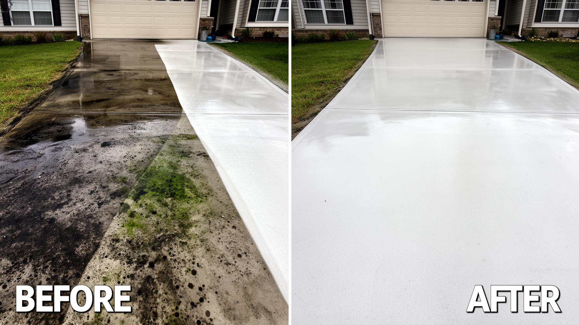 Before and after photo of a pressure-washed driveway by K&K Cleaning Solution