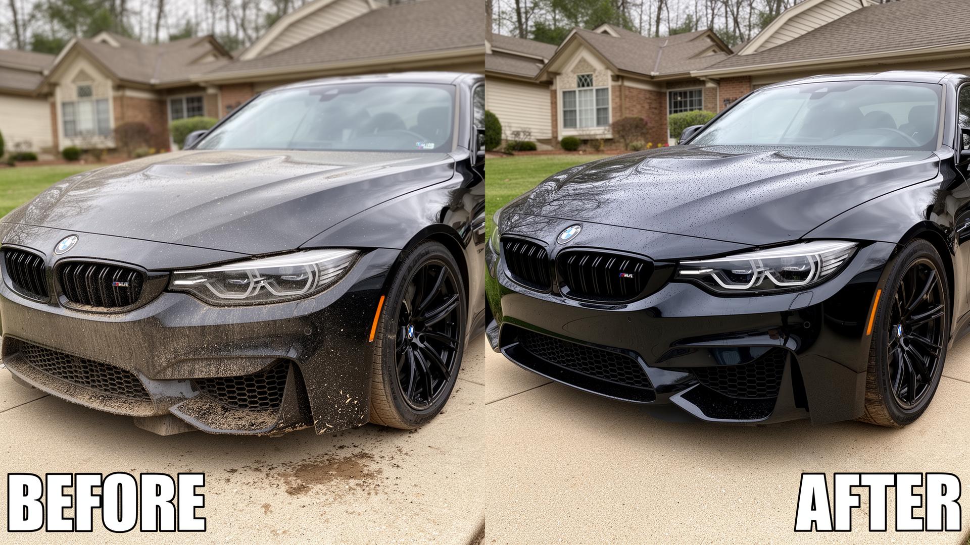 Before and after exterior detail of a BMW M4 by K&K Cleaning Solution