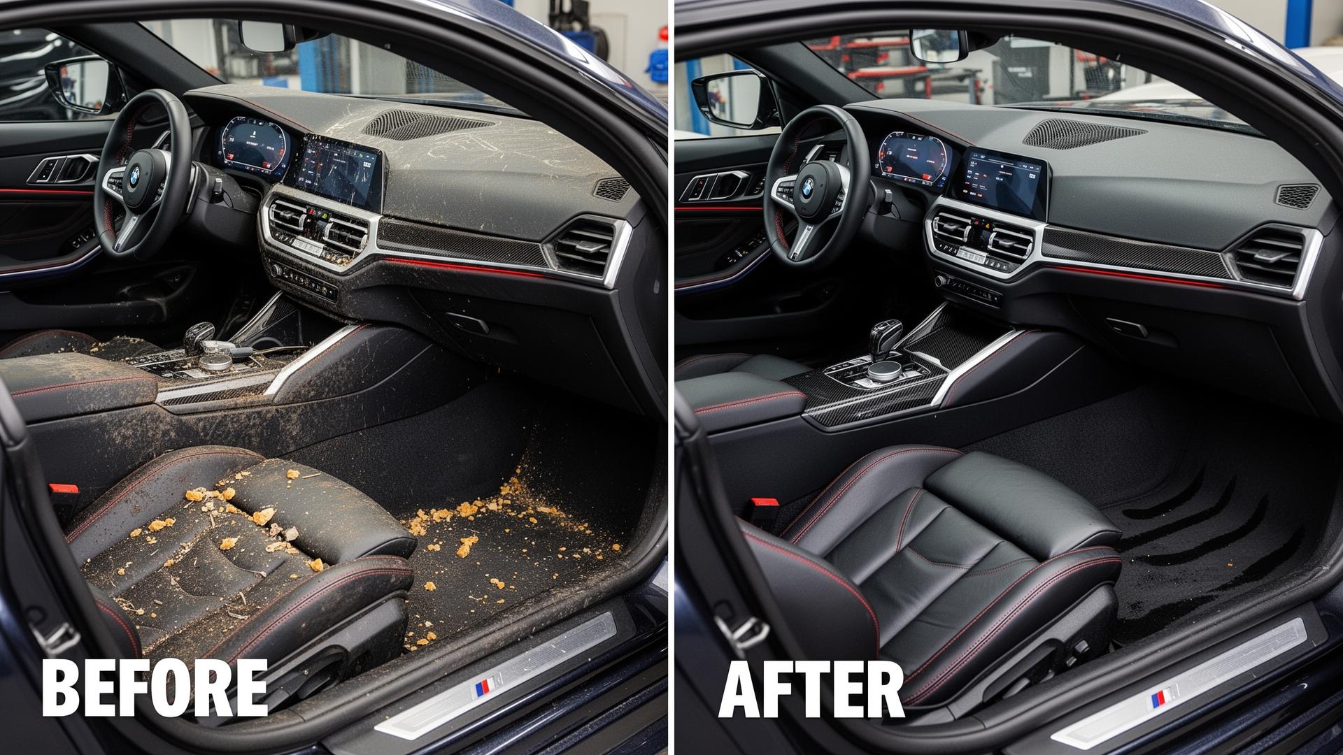 Before and after interior detail of a BMW M4 by K&K Cleaning Solution