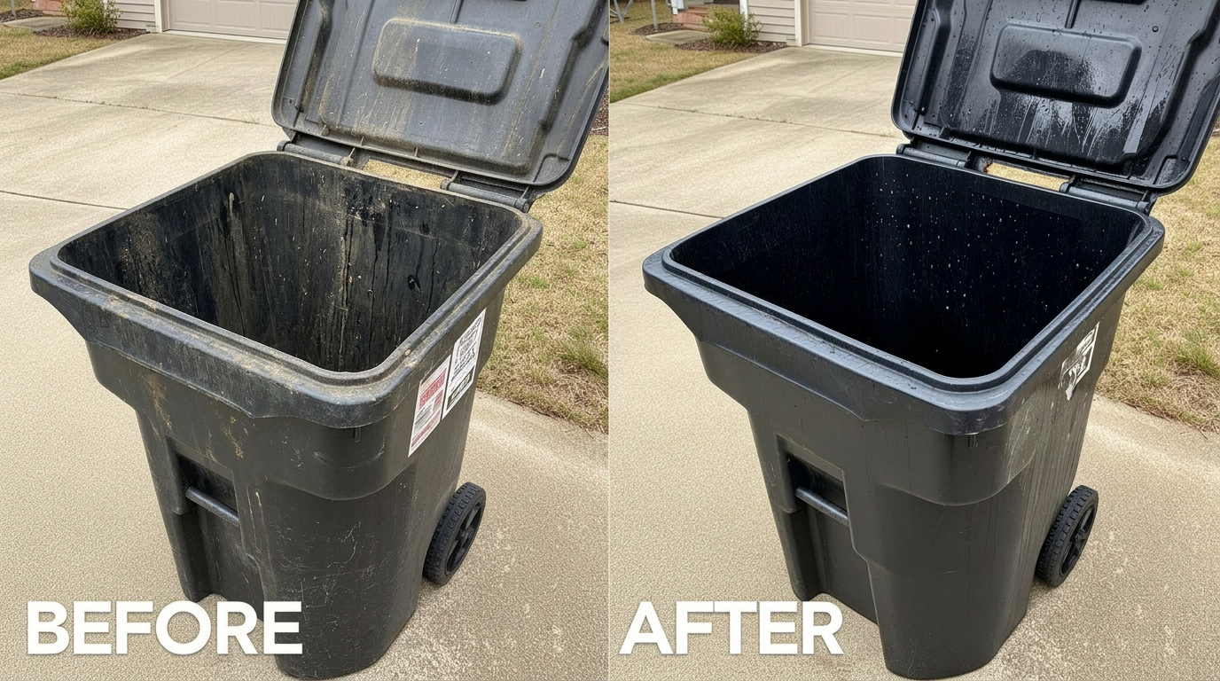 Before and after photo of a residential trash can cleaned by K&K Cleaning Solution